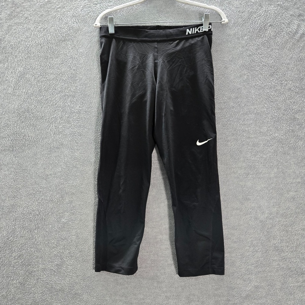 Nike Pro Women Activewear Pants L Black Legging Swoosh Crop Dri Fit 22 in Inseam